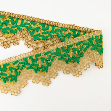 Gold Sheer Tissue Fabric Cutwork Trim with Embroidery in Gold and Green, Scallop Trim, Fringe Trim